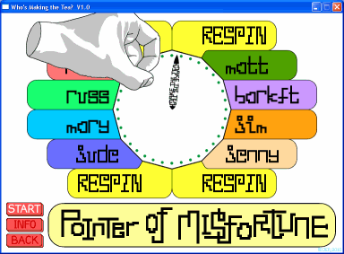 A spinning pointer decides who should make the tea.